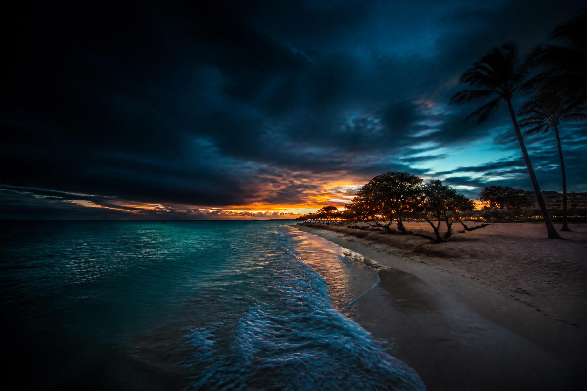 Dramatic twilight aerial view of Eagle Beach Aruba